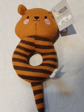 Moon & Stars Orange and Brown Striped Bear Rattle - Soft Knit Baby Toy